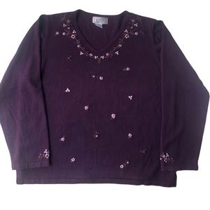Jennifer Moore Sweater Purple with Embroidered Flowers Size XL